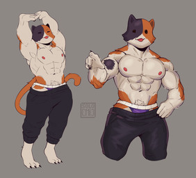 3_toes abs anthro biped black_body black_bottomwear black_clothing black_fur black_pants bottomwear cheek_tuft claws clothing crotch_tuft facial_tuft feet finger_claws fur gesture grey_background hand_gesture jockstrap male markings multicolored_body multicolored_fur muscular muscular_anthro muscular_male navel nipples open_mouth orange_body orange_fur pants pecs pink_nipples pointing pointy_ears prick_ears purple_clothing purple_underwear simple_background simple_eyes simple_face solo spots spotted_body spotted_fur standing stretching text toe_claws toes tuft underwear white_body white_fur soloemi3 epic_games fortnite meowscles calico_cat domestic_cat felid feline felis mammal 2023 artist_name hi_res shaded