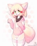 2023 anthro balls bottomless canid canine clothed clothing cute_fangs emanata eyebrows fingers fur genitals girly green_eyes hi_res hoodie hoodie_(artist) legwear male male_anthro mammal open_mouth pink_clothing pink_hoodie pink_topwear solo squish teeth text thigh_highs thigh_squish tongue topwear url