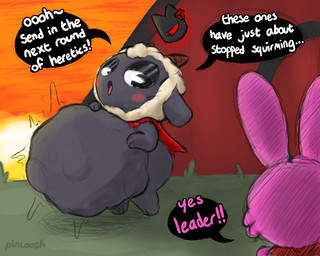 abdominal_bulge ambiguous_gender annoyed anthro belly big_belly black_body blush butt cape clothing dialogue fur group half-closed_eyes holding_belly horn looking_at_another looking_pleasured narrowed_eyes pink_body pink_fur solo_focus speech_bubble standing sunset talking_to_another text tongue tongue_out trio vore pincoosh cult_of_the_lamb massive_monster_(studio) lamb_(cult_of_the_lamb) red_crown_(cult_of_the_lamb) lagomorph leporid mammal rabbit artist_name digital_media_(artwork) english_text hi_res