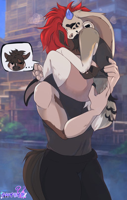 annoyed anthro bobtail clinging clothed clothing duo face_hugging female hair holding_up_other_character hug male male/female red_hair shyryp broderick_longshanks shyryp_(character) canid canine equid equine horse hybrid mammal absurd_res hi_res