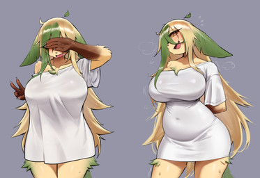 4_fingers anthro big_breasts biped blonde_hair blush bottomless bottomless_anthro bottomless_female breasts claws clothed clothed_anthro clothed_female clothing female finger_claws fingers front_view fur green_highlights green_tail hair highlights_(coloring) looking_at_viewer navel open_mouth open_smile partially_clothed partially_clothed_anthro partially_clothed_female shirt shirt_only simple_background smile solo standing t-shirt t-shirt_only tail tan_body tan_fur teeth tongue topwear topwear_only azuu nintendo pokemon ivy_(azuu) eeveelution generation_4_pokemon leafeon pokemon_(species) 2025 digital_media_(artwork) hi_res