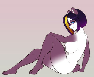 anthro areola balls big_breasts black_areola black_nipples blonde_highlights blue_eyes breasts eyebrows eyelashes feet genitals gynomorph hair highlights_(coloring) intersex nipples nude purple_hair side_boob sitting smile solo white_balls white_body white_breasts scorpdk bear giant_panda mammal 2026 hi_res