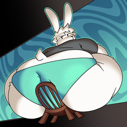 anthro big_butt black_clothing black_shirt black_topwear briefs butt butt_focus chair chair_breaking clothed clothed_anthro clothed_male clothing fur furniture green_briefs green_clothing green_underwear hair huge_butt looking_at_viewer looking_back looking_back_at_viewer male male_anthro overweight overweight_anthro overweight_male rear_view shirt simple_background sitting solo tail tight_clothing topwear underwear white_body white_fur white_hair pwefheft desmond_(calebcorduroy) lagomorph leporid mammal rabbit 1:1 2025 digital_drawing_(artwork) digital_media_(artwork) hi_res