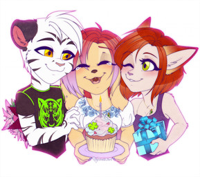 anthro anthro_on_anthro birthday blush breasts cake chibi clothed clothing collar dessert eyes_closed female food fur gift green_eyes group hair happy holding_food holding_object love male monotone_background multicolored_body multicolored_fur multicolored_hair one_eye_closed open_mouth open_smile pink_hair red_hair romantic romantic_couple simple_background smile tearing teeth tongue two_tone_body two_tone_fur two_tone_hair white_background white_body white_fur white_hair yellow_eyes ariveil rick_(raynadkins) sasha_(ariveil) bird_dog canid canine canis domestic_cat domestic_dog felid feline felis hunting_dog mammal pantherine retriever tiger