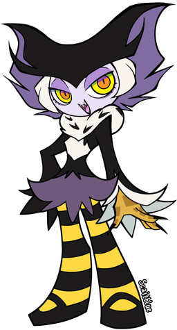 anthro clothing different_artstyle female legwear lipstick makeup pattern_clothing pattern_legwear pattern_stockings sharp_teeth smile solo stockings striped_clothing striped_legwear striped_stockings stripes teeth yellow_eyes g-blue16 odeth_poensis avian bird owl 2025 absurd_res hi_res