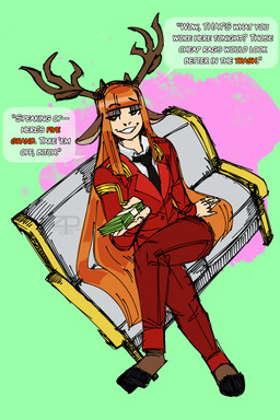 antlers bedroom_eyes brown_body brown_fur clothed clothing dialogue eyeshadow fur hair hime_cut hooves horn insult light_body light_skin long_hair looking_at_viewer looking_up looking_up_at_viewer makeup male money narrowed_eyes necktie orange_eyes orange_hair seductive simple_background sitting smug smug_face smug_grin solo suit text zerospanda instant_loss_2koma felix_agalith animal_humanoid deer deer_humanoid faun humanoid mammal mammal_humanoid satyr 2:3 absurd_res english_text hi_res