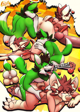 anal anal_penetration anthro anthro_on_anthro anthro_penetrated anthro_penetrating anthro_penetrating_anthro anus back_wings balls black_hair blep brown_hair butt cheek_tuft dialogue doggystyle duo erection facial_tuft fangs femboy from_behind_position fur genitals green_body green_fur hair half-closed_eyes heart_symbol humanoid_genitalia humanoid_penis kerchief looking_pleasured male male/male male_penetrated male_penetrating male_penetrating_male male_rimming male_rimming_male membrane_(anatomy) membranous_wings multicolored_body multicolored_fur narrowed_eyes neckerchief neckwear nude one_eye_closed open_mouth open_smile oral pawpads paws penetration penile penile_penetration penis penis_in_ass perineum pink_pawpads rimming rimming_male sex smile speech_bubble tan_body tan_fur teeth text tongue tongue_out tuft two_tone_body two_tone_fur white_body white_fur wings dustythebat dusty_mcwari luxer_(luxerhusku) bat canid canine canis domestic_dog husky mammal nordic_sled_dog spitz english_text hi_res