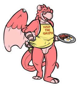 anthro apron bacon beak bottomless breakfast bulge claws clothed clothing egg food fried_egg holding_object inflatable latex long_tail looking_at_viewer male meat nozzle open_mouth plate pool_toy sausage simple_background solo standing suggestive tail text white_background wings cubi mythology gryf_(flir) animate_inanimate avian gryphon living_inflatable mythological_avian mythological_creature 2015 digital_drawing_(artwork) digital_media_(artwork) english_text hi_res