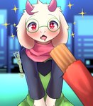 anthro black_clothing blush bodily_fluids churro clothed clothing drooling eyebrows eyewear fur glasses green_clothing green_eyewear green_glasses horn monotone_horn open_mouth pink_horn pink_scarf pink_tongue round_glasses saliva scarf solo tongue white_body white_fur kemosyotaralsei deltarune undertale_(series) ralsei bovid caprine goat mammal absurd_res hi_res