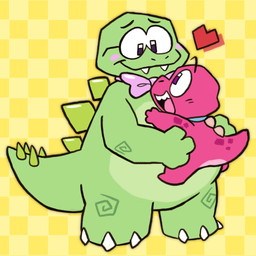 ambiguous_anthro ambiguous_gender anthro biped blush bow_tie carrying_another cute_fangs duo eyewear fangs glasses green_body hug pink_body size_difference smile teeth raystarkitty gameoverse glitch_productions gobbles_(gameoverse) stegothesaurus_(gameoverse) dinosaur prehistoric_species reptile scalie 1:1 2026 hi_res male_(lore)