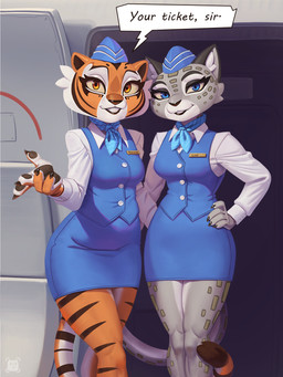 anthro biped bottomwear breasts claws clothed clothed_anthro clothed_female clothing duo female fingers flight_attendant front_view fully_clothed fully_clothed_anthro fully_clothed_female hair looking_at_viewer skirt smile spots standing stripes tail teeth topwear hacatiko dreamworks kung_fu_panda lian_(kung_fu_panda) master_tigress felid mammal pantherine snow_leopard tiger 2026 3:4 digital_drawing_(artwork) digital_media_(artwork) hi_res