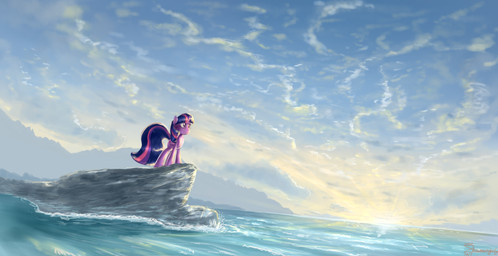 day detailed_background female feral fur hair hooves outside purple_body purple_eyes purple_fur purple_hair quadruped rock sky solo standing sun water shamanguli friendship_is_magic hasbro my_little_pony twilight_sparkle_(mlp) equid equine horse mammal pony absurd_res hi_res