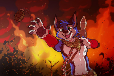 5_fingers anthro bandolier belt black_nose black_pawpads blue_body blue_fur blue_hair bottomwear cheek_tuft clothed clothing explosives facial_tuft fingers fire fur gloves_(marking) green_bottomwear green_clothing green_eyes grenade hair kerchief male markings military muscular muscular_anthro muscular_male open_mouth partially_clothed pawpads red_body red_fur sharp_teeth smile solo teeth throwing tongue topless tuft war weapon white_body white_fur tirrel foxalbiazul canid canine fox mammal digital_media_(artwork) warm_colors