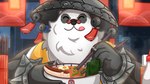 anthro asian_clothing black_body black_fur chinese_clothing clothing detailed_background east_asian_clothing eating eyes_closed eyewear food fur glasses male noodles ramen solo tongue tongue_out white_body white_fur itzgeena mihoyo zenless_zone_zero pan_yin_hu bear giant_panda mammal thiren 16:9 2025 hi_res widescreen