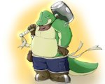 anthro bottomwear clothing green_body humanoid_hands kemono male overweight overweight_male pants simple_background solo weapon emufu crocodile crocodilian reptile scalie 2013 5:4