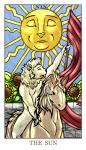 ambiguous_gender anthro banner black_eyes card card_template duo equid equine eyes_closed felid feral feralise flower fortune_telling fur hair horse lion major_arcana male mammal melee_weapon nude open_mouth pantherine plant polearm shine_(shininglion) sky spear sun sunflower tarot tarot_card the_sun_(tarot) weapon white_body white_fur white_hair
