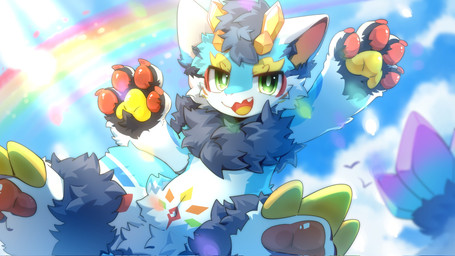 2_horns 4_fingers anthro biped blue_body blue_fur blue_sky blurred_background chest_tuft day dragon_horn fingers floating fluffy fluffy_tail flying fur gesture green_eyes horn kemono light light_beam looking_at_viewer male neck_tuft open_mouth open_smile outside pawpads paws rainbow sky skyscape smile smiling_at_viewer solo sunbeam sunlight tail tuft waving waving_at_viewer white_body white_fur hlg7777 mythology ambient_bird dragon mythological_creature mythological_scalie scalie 16:9 2025 cel_shading chinese_description digital_drawing_(artwork) digital_media_(artwork) hi_res shaded soft_shading translated_description wallpaper widescreen