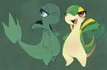 ambiguous_gender anthro biped duo fangs frown gesture green_background green_body green_eyes leaf leaf_tail mouth_closed multicolored_body open_mouth simple_background tail tan_body teeth tongue waving yellow_body goonie-san nintendo pokemon generation_5_pokemon pokemon_(species) snivy hi_res