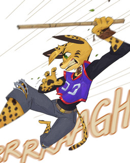action_pose anthro arnis barefoot belt bent_legs black_pawpads bottomwear bracelet claws clenched_teeth clothing collar denim denim_bottomwear denim_clothing facial_markings feet female finger_claws fur green_eyes head_markings head_tuft holding_object holding_weapon jeans jersey jewelry long_sleeve_shirt long_tail markings midair motion_blur motion_lines onomatopoeia pants pawpads paws pointy_ears pose shirt side_view simple_background solo sound_effects spots spotted_body spotted_fur striped_markings stripes tail teeth text toes topwear torn_bottomwear torn_clothing torn_jeans torn_pants tuft weapon yellow_body yellow_fur ruffu pepper_in_the_sandbox pepper_(ruffu) felid feline mammal serval 2025 colored detailed digital_drawing_(artwork) digital_media_(artwork) shaded