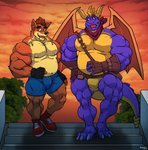 aged_up anthro belly biceps blue_bottomwear blue_clothing blue_shorts bottomwear chatting clothing duo fingerless_gloves footwear fur gloves hair handwear male musclegut muscular muscular_anthro muscular_male orange_body orange_fur pecs purple_body shoes shorts slightly_chubby stairs sunset tail walking wings rackun activision crash_bandicoot_(series) mythology spyro_reignited_trilogy spyro_the_dragon balloonist_spyro crash_bandicoot spyro bandicoot dragon mammal marsupial mythological_creature mythological_scalie scalie hi_res