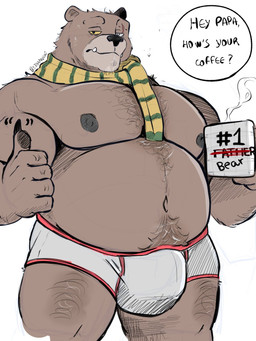 anthro areola biceps body_hair brown_body brown_fur bulge chest_hair clothing container cup detailed_bulge fur happy_trail leg_hair male mug musclegut muscular muscular_anthro muscular_male nipples one_eye_closed overweight overweight_anthro overweight_male pecs pube_peek pubes simple_background solo stocky text underwear tanpa_(artist) dreamworks puss_in_boots_(franchise) papa_bear_(puss_in_boots) bear mammal 3:4 english_text hi_res