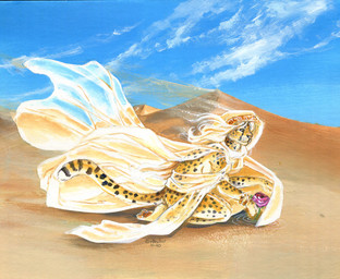 anthro black_body black_fur blonde_hair bracelet breasts clothing cloud desert dunes female flower fur hair hood jewelry outside pawpads plant rose_(flower) sand side_boob sky solo tail translucent translucent_clothing water white_body white_fur wind yellow_body yellow_fur heather_bruton cheetah felid feline mammal 2020