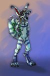 anthro aviator_goggles blue_body blue_fur blue_markings digitigrade eyewear eyewear_on_head fur goggles goggles_on_head hands_on_hips long_ears male markings ring_(marking) ringed_tail solo striped_markings striped_tail stripes tail tail_markings drqube crux 2:3 hi_res sketch unfinished