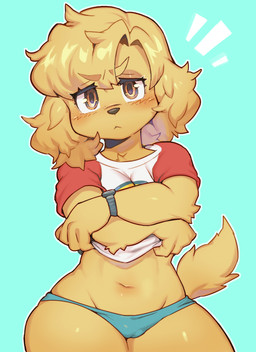 <:< anthro black_nose blue_background blue_clothing blue_panties blue_underwear blush breasts brown_body brown_eyes brown_fur brown_hair camel_toe clock clothed clothing clothing_lift crossed_arms female female_anthro front_view frown fur hair kemono looking_at_viewer navel outline panties serious shirt shirt_lift short_tail simple_background solo standing t-shirt tail thick_thighs topwear underwear undressing watch wide_hips wristwatch sanjiro natsumi_(ziroro326) bird_dog canid canine canis domestic_dog golden_retriever hunting_dog mammal retriever 2020 digital_media_(artwork) half-length_portrait hi_res portrait shaded