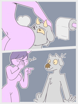 anthro bathroom breasts brown_eyes butt cotton_tail duo face_in_ass featureless_breasts featureless_crotch feces feces_on_face female floppy_ears fur gesture grey_body grey_fur hair hand_gesture hand_on_head heart_pupils heart_symbol horn male male/female medium_breasts navel one_eye_closed outline pink_body pink_fur pointing pointing_at_another purple_eyes purple_hair scatplay tail toilet_paper white_outline yellow_sclera scaty bovid caprine goat lagomorph leporid mammal rabbit 3:4 comic hi_res