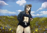 abs blue_sky bottomwear cannae_(gankgoat) clothing cloud electronics female flower grass hood jacket muscular painting phone plant shorts sky solo topwear gankgoat bovid caprine mammal sheep absurd_res hi_res