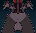 2024 2_horns anthro anus azazel_(blissman2020) backsack balls big_balls big_butt black_body black_hair butt claws demon faceless_anthro faceless_character faceless_male genitals grey_balls grey_body grey_perineum hair horn low-angle_view male membrane_(anatomy) membranous_wings perineum pink_anus rear_view red_horn solo standing ultilix wing_claws wings