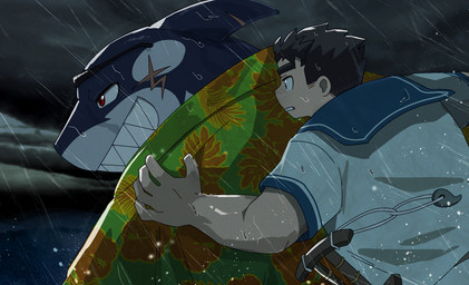 aloha_shirt anthro brown_hair clothing duo eyewear eyewear_on_head grin hair male pattern_clothing pattern_shirt pattern_topwear raining red_eyes scar shirt size_difference smile storm sunglasses sunglasses_on_head topwear suna_sand1 lifewonders tokyo_afterschool_summoners chubby_protagonist_(tas) protagonist_(tas) typhon_(tas) aquatic fish human mammal shark hi_res