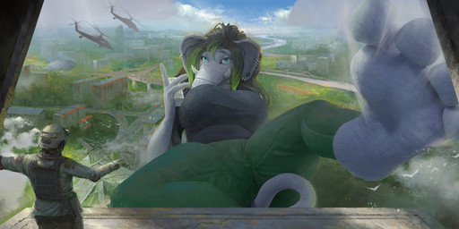 aircraft anthro black_clothing black_hair black_shirt black_topwear blue_eyes bottomwear city cityscape clothing cloud denim denim_bottomwear denim_clothing detailed_background ear_piercing eyebrow_piercing facial_piercing feet female foot_focus green_bottomwear green_clothing green_hair green_jeans green_pants grey_body grey_skin hair helicopter high-angle_view jeans looking_at_viewer macro macro_anthro macro_female macro_focus military pants piercing realistic shirt soldier solo toes toony topwear vehicle warrior lapushis sasha_shkip rebecca_(mahoutgoddess) elephant elephantid mammal proboscidean 2025 artist_collaboration detailed hi_res