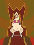 anthro belly_overhang breasts chair cleavage cleavage_cutout clothed clothing cutout female furniture holding_belly hoof_hands lace_stockings looking_at_viewer makeup obese overweight painted_background partially_clothed pregnant restraints sitting sitting_on_throne solo spreader_bar throne veiled_lioness adult_swim cartoon_network rick_and_morty princess_poneta chud equid equine horse mammal 3:4 hi_res