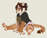 accessory anthro bottomwear chibi claws clothed clothing eyewear female glasses hair hair_accessory hairclip lying paws shorts simple_background solo tail 2nckw3i cougar felid feline mammal digital_media_(artwork) hi_res signature