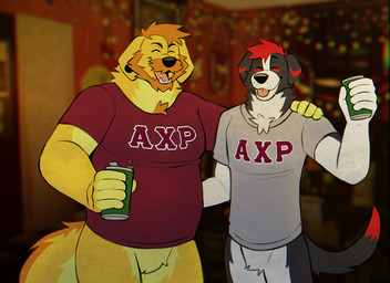 alcohol anthro axp beer beverage black_body black_fur chest_tuft clothed clothing duo ear_piercing eyes_closed facial_hair featureless_crotch frat_boy fraternity fur grey_body grey_fur hand_on_back hand_on_shoulder male orange_body orange_fur pantsless photo_background piercing red_body red_fur shirt smile tail topwear tuft yellow_body yellow_fur deckler kon_shearo beagle bird_dog canid canine canis domestic_dog golden_retriever hunting_dog mammal retriever scent_hound hi_res photography_(artwork)