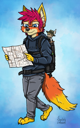 anthro backpack blue_eyes doll fur hair male map orange_body orange_fur purple_hair solo tan_body tan_fur yellow_body yellow_fur ziegelzeig bad_guy_cafe fire_(firefox) canid canine fox mammal 2024