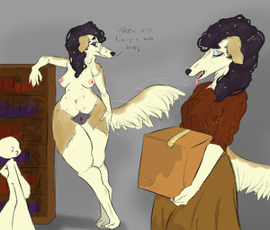 ambiguous_gender anthro areola big_pubes bodily_fluids book bookshelf bottomwear box breasts claws clothed clothing container dialogue digitigrade duo exhibitionism eyewear female fluffy fur furniture genitals glasses hair larger_female librarian library male mature_female multi_nipple multicolored_body multicolored_fur nipples nude open_mouth pawpads pubes public public_nudity simple_background size_difference skirt small_breasts smaller_male smile sweat sweatdrop sweater tail tail_motion tailwag teeth text tongue topwear two_tone_body two_tone_fur vulva frenchybaguette borzoi canid canine canis domestic_dog hunting_dog mammal sighthound absurd_res english_text hi_res