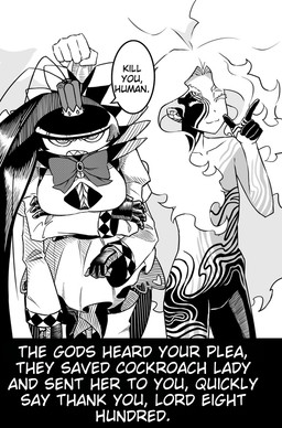 annoyed anthro bow_ribbon breasts cleavage cleavage_cutout clothed clothing crown cutout duo female frilly frilly_clothing headgear looking_at_viewer male multi_arm multi_limb nude technically_nude text threatening_viewer unknown_artist versus_(manga) roya_roach yaotsu_(versus) animal_humanoid arthropod arthropod_humanoid blattodean cockroach cockroach_humanoid deity demon humanoid insect insect_humanoid english_text