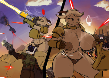 anthro areola armor beard big_breasts blue_hair bodily_fluids breasts cape clothed clothing cloud countershade_face countershading detailed_background duo erect_nipples facial_hair female fur gameplay_mechanics goatee gun hair highlights_(coloring) holding_gun holding_object holding_ranged_weapon holding_weapon horn huge_breasts huge_hips huge_thighs hyper hyper_hips laser laser_gun machine male navel nipples open_mouth ranged_weapon rock shooting_gun sky small_waist smile sweat sweaty_body sweaty_breasts sweaty_face sweaty_legs sweaty_thighs tail tan_body tan_fur thick_thighs tongue tongue_out unconvincing_armor undressing undressing_self weapon wide_eyed wide_hips thehuskylord helldivers auri_(thehuskylord) hooski_(thehuskylord) volt_(voltaicharbor32) bovid canid canine canis caprine goat mammal robot wolf absurd_res digital_media_(artwork) hi_res