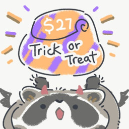 black_eyes black_nose chibi clothing costume dot_eyes feral fur grey_body grey_fur halloween_costume holidays horn paws simple_eyes solo text yencatx halloween mammal procyonid raccoon 1:1 2021 english_text