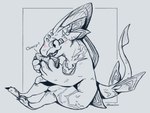 anthro big_hands blush blush_lines chibi claws club_arms eating eating_food fin food fruit horn male markings melon onomatopoeia open_mouth plant sitting solo sound_effects teeth text watermelon watermelon_slice doodlejuni makaloto fish kahruga_kaiju marine black_and_white hi_res monochrome sketch