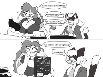 anthro blush breasts comic_panel dialogue eggplant female food freckled_breasts freckled_face freckles fruit humiliation humor joke male pasta penis_humiliation plant speech_bubble tail text zinco las_lindas miles_lionheart mora_linda bovid bovine cattle felid feline felis mammal 4:3 absurd_res english_text hi_res