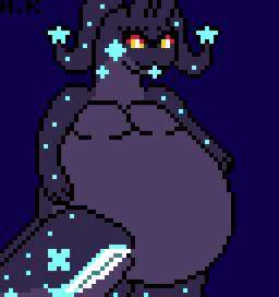 abdominal_bulge ambiguous_gender anthro eyes_closed feral hand_on_belly nude simple_background smile solo standing tail tail_mouth tongue tongue_out unusual_anatomy unusual_tail vore hkworks animated