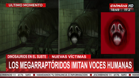 ambiguous_gender black_body black_feathers claws creepy creepy_smile cronica_tv feathers feral hidden_eyes horror_(theme) inside looking_at_viewer mimicry news news_report nightmare_fuel number smile solo text white_body white_feathers abigaildx1 dinosaur feathered_dinosaur feathered_scalie megaraptor megaraptorid prehistoric_species reptile saurischian scalie theropod 16:9 spanish_text translated widescreen