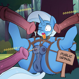 animal_genitalia animal_penis animal_vulva anus bdsm bodily_fluids bondage bound butt crotch_breasts detailed_background equine_genitalia equine_penis equine_vulva eyelashes female feral genital_fluids genitals male male/female outside peeing peeing_in_mouth peeing_on_another penis plant pupils quadruped restraints rope rope_bondage rope_harness sign tail thick_thighs tree urine vulva watersports elewdfurs friendship_is_magic hasbro my_little_pony trixie_(mlp) equid equine mammal absurd_res hi_res