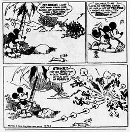 anthro bottomwear bowling clothed clothing coconut dialogue drupe_(fruit) fingers food footwear fruit gloves group handwear loincloth male melee_weapon motion_lines open_mouth outside palm_tree pants plant polearm question_mark racism shoes spear speech_bubble tail text tongue tree weapon walt_disney_(artist) win_smith disney public_domain mickey_mouse mammal mouse murid murine rodent 1930 20th_century absurd_res ancient_art black_and_white comic english_text hi_res monochrome