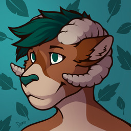 anthro brown_body brown_fur countershading eyebrows fur green_eyes green_hair green_nose hair horn inner_ear_fluff leaf looking_aside looking_up male pattern_background short_hair simple_background smile solo tan_body tan_fur tan_inner_ear_fluff tuft d3mo bovid caprine goat mammal 2025 bust_portrait cel_shading hi_res portrait shaded signature
