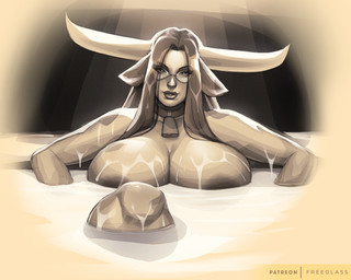 areola bedroom_eyes bell bell_collar big_breasts big_horn breasts collar cowbell cowbell_collar eye_through_hair eyewear female front_view glasses hair horn looking_at_viewer mature_female narrowed_eyes seductive solo text translucent translucent_hair wet wet_body white_horn year freeglass ushimama animal_humanoid bovid bovid_humanoid bovine bovine_humanoid cattle_humanoid horned_humanoid humanoid mammal mammal_humanoid 2022 absurd_res artist_name hi_res monochrome sepia signature
