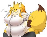 anthro big_breasts black_nose blonde_hair blush blush_lines breasts brown_hands brown_tail_tip cheek_tuft chest_tuft clothed clothing dipstick_tail dress_shirt facial_tuft female female_anthro fingers fist fur hair huge_breasts humanoid_hands kemono long_hair markings orange_hair overweight overweight_anthro overweight_female rolled_up_sleeves shirt simple_background solo tail tail_markings tan_body tan_fur tight_clothing tight_shirt tight_topwear topwear tuft white_background white_clothing white_shirt white_topwear yellow_body yellow_fur yellow_tail pukkunnnn canid canine fox mammal 2022 digital_drawing_(artwork) digital_media_(artwork) half-length_portrait portrait signature